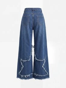 SHEIN Girlism 青少年女孩鈕扣拼接休閒日常穿著牛仔褲 - 中等水洗藍 - 查看 2