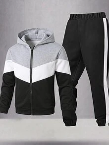 SHEIN 2件組兒童青少年男孩休閒運動拼色連帽外套與黑色長褲套裝，適合秋冬、學校、家庭聚會、開學季、運動、秋季穿搭、冬季穿搭、生日派對 - 黑色 - 查看 2