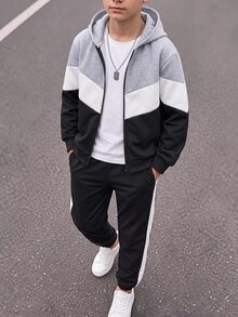 SHEIN 2件組兒童青少年男孩休閒運動拼色連帽外套與黑色長褲套裝，適合秋冬、學校、家庭聚會、開學季、運動、秋季穿搭、冬季穿搭、生日派對 - 黑色 - 查看 4