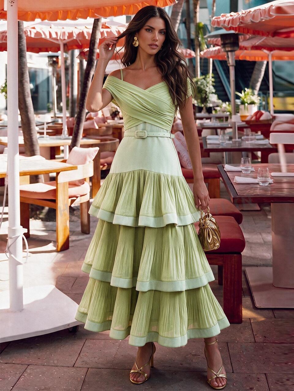 Anewsta Spring/Summer New Dignified Elegant Ruffle Design Crossed Shoulder Neckline Waist Gathered Tiered Hem Garden Party Vacation Dress For Women Sage Green