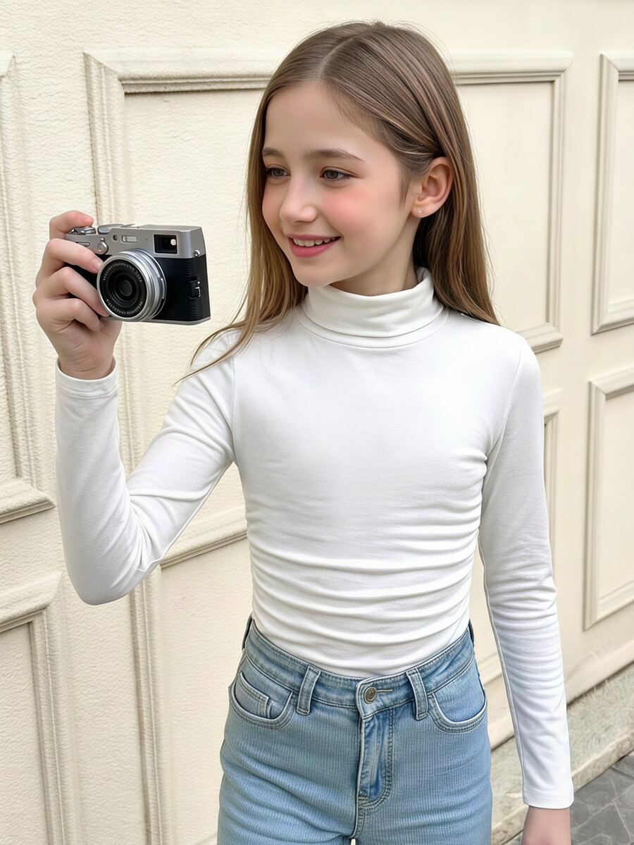 SHEIN Tween Girl Neck Ruched Basics Solid Color Knit Tee,Great For Casual & Daily Wear & School Daily In Autumn & Winter - White - View 1