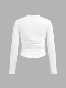 SHEIN Tween Girl Neck Ruched Basics Solid Color Knit Tee,Great For Casual & Daily Wear & School Daily In Autumn & Winter - White - View 2