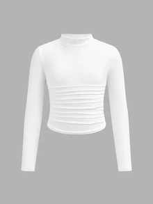 SHEIN Tween Girl Neck Ruched Basics Solid Color Knit Tee,Great For Casual & Daily Wear & School Daily In Autumn & Winter - White - View 3