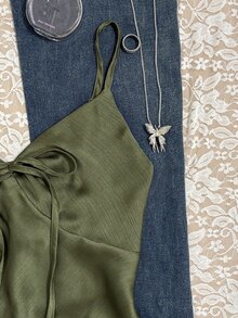 SHEIN 女士雪纺纯色打结优雅吊带薄款背心，夏季必备 - 軍綠色 - 查看 4