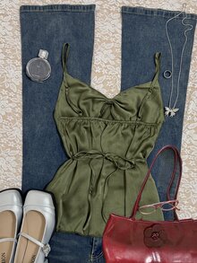 SHEIN 女士雪纺纯色打结优雅吊带薄款背心，夏季必备 - 軍綠色 - 查看 2