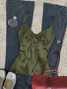 SHEIN 女士雪纺纯色打结优雅吊带薄款背心，夏季必备 - 軍綠色 - 查看 1