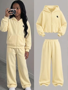 Tween Girls Cream Yellow Tween Girl Front Zipper Autumn Hoodie With Embroidered & Sweatpants Tracksuit 2Pcs Set - Yellow - View 13
