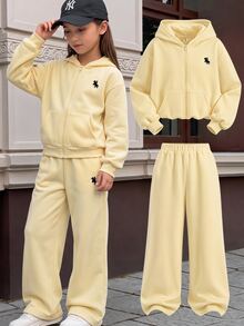 Tween Girls Cream Yellow Tween Girl Front Zipper Autumn Hoodie With Embroidered & Sweatpants Tracksuit 2Pcs Set - Yellow - View 1