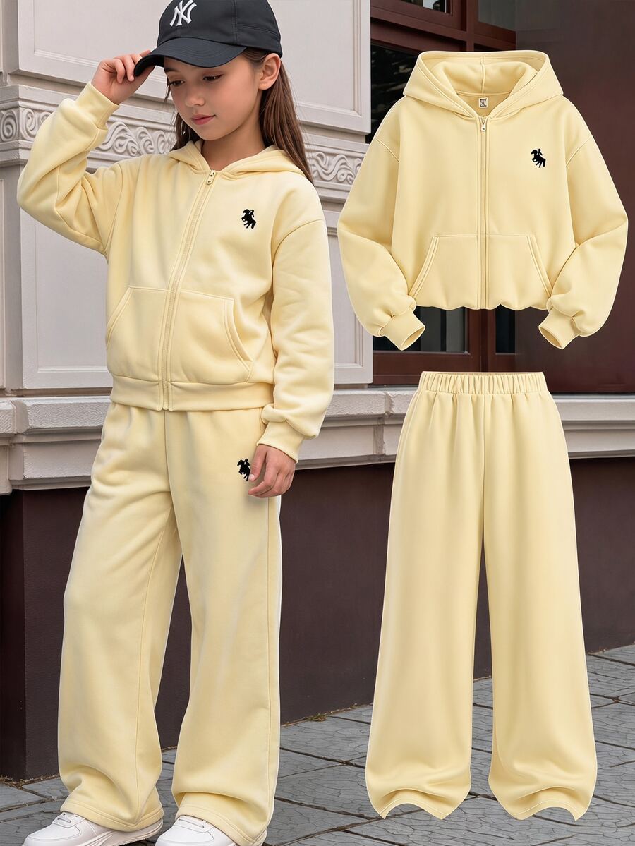 Tween Girls Cream Yellow Tween Girl Front Zipper Autumn Hoodie With Embroidered & Sweatpants Tracksuit 2Pcs Set - Yellow - View 1