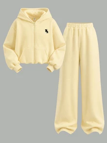 Tween Girls Cream Yellow Tween Girl Front Zipper Autumn Hoodie With Embroidered & Sweatpants Tracksuit 2Pcs Set - Yellow - View 4