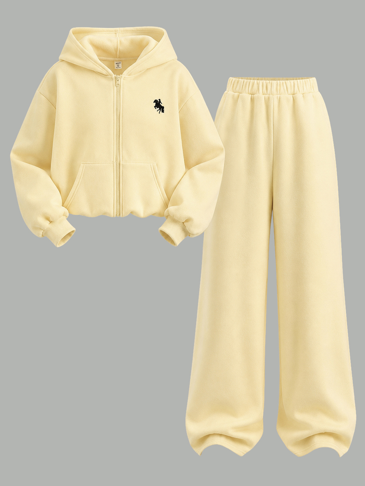 Setelan Anak Perempuan Remaja Warna Krem Kuning, Hoodie Musim Gugur dengan Resleting Depan dan Bordir & Celana Olahraga 2 Potong - Kuning - View 4