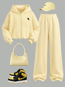 Tween Girls Cream Yellow Tween Girl Front Zipper Autumn Hoodie With Embroidered & Sweatpants Tracksuit 2Pcs Set - Yellow - View 2