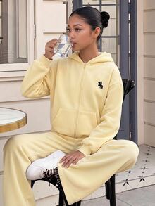 Tween Girls Cream Yellow Tween Girl Front Zipper Autumn Hoodie With Embroidered & Sweatpants Tracksuit 2Pcs Set - Yellow - View 15