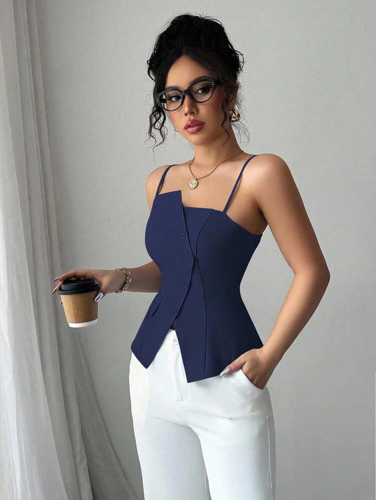 Elenzga 2025 New Blue Asymmetric Design Fashionable Versatile Commuting Casual Cinched Waist Camisole - Navy Blue - View 2