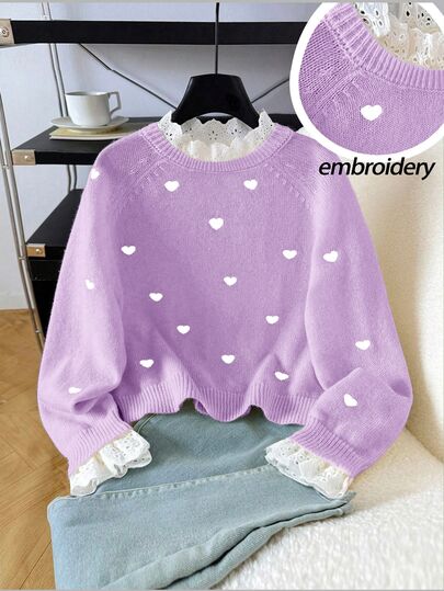 SHEIN Kids Young Girl Lace Trim Heart Pattern Casual Sweater, Red, Winter, School, Back-To-School Embroidered Knit Autumn Top Cute Christmas For Young Girls