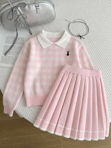 SHEIN Tween女孩 Ikids 粉色可愛刺繡馬標誌彼得潘領格紋毛衣 + 針織裙 2件套，青少年女孩長袖V領套頭衫，休閒優雅風 秋冬款 - 粉色 - 查看 4