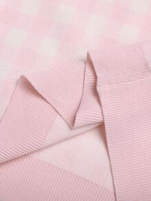 SHEIN Tween女孩 Ikids 粉色可愛刺繡馬標誌彼得潘領格紋毛衣 + 針織裙 2件套，青少年女孩長袖V領套頭衫，休閒優雅風 秋冬款 - 粉色 - 查看 6