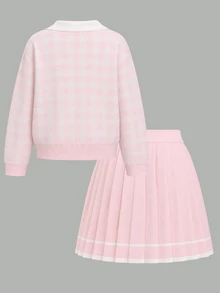 SHEIN Tween女孩 Ikids 粉色可愛刺繡馬標誌彼得潘領格紋毛衣 + 針織裙 2件套，青少年女孩長袖V領套頭衫，休閒優雅風 秋冬款 - 粉色 - 查看 5