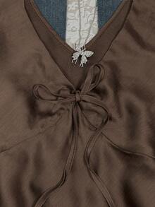 INAWLY Blusa de mujer de unicolor con cuello en V y detalle de nudo en la parte delantera, de manga corta, elegante para el verano - Marrón - Ver 3