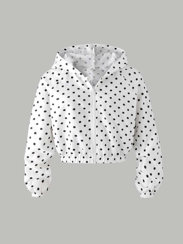 2pcs/Set Girls French Minimalist Polka Dot Outfit, Commute Store Visit Travel Daily Wear, Spring Autumn White Base Black Polka Dot Stand Collar Short Jacket High Waist Wide Leg Long Pants Casual Two Pieces Set - White - View 4
