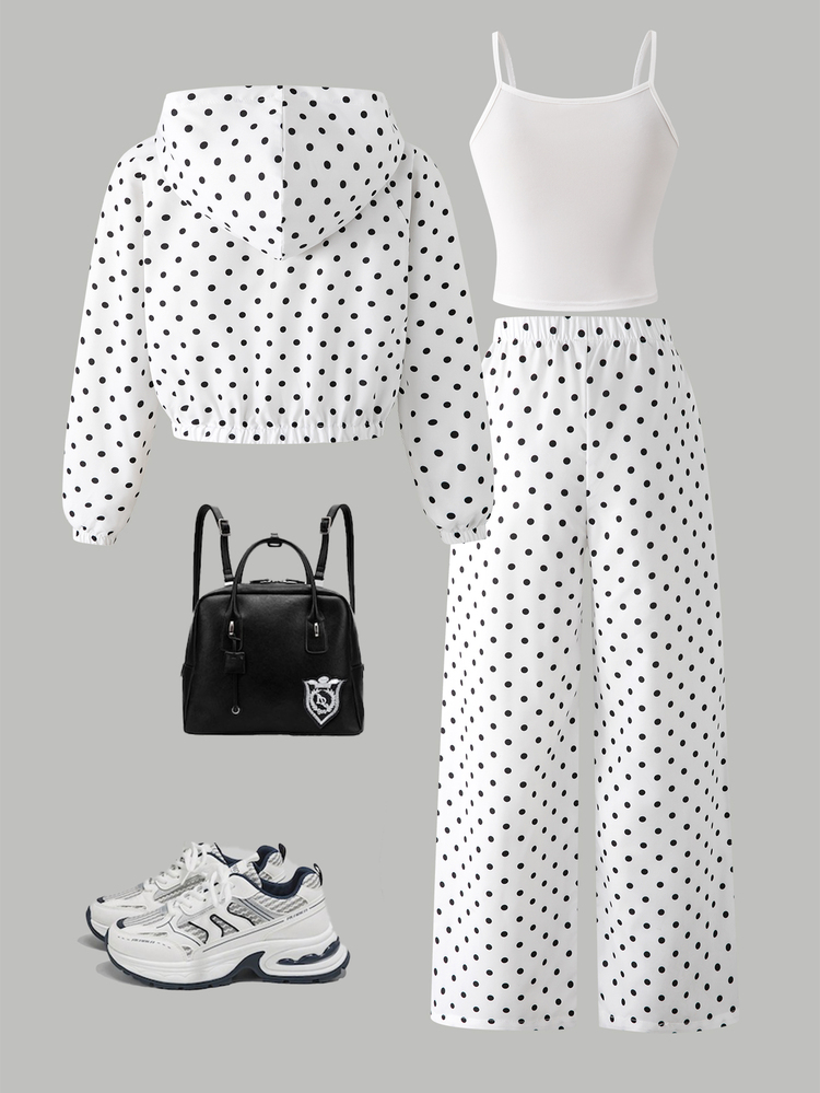2pcs/Set Girls French Minimalist Polka Dot Outfit, Commute Store Visit Travel Daily Wear, Spring Autumn White Base Black Polka Dot Stand Collar Short Jacket High Waist Wide Leg Long Pants Casual Two Pieces Set - White - View 2