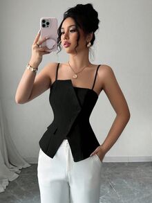 Elenzga 2025新款蓝色不对称设计时尚百搭通勤休闲束腰吊带背心 - 黑色 - 查看 2