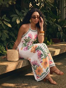 CAJUNI Long Summer Dress With Mesh Straps, Body-Hugging Fit, Floral Print - Multicolor - View 1