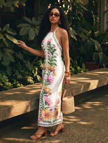 CAJUNI Long Summer Dress With Mesh Straps, Body-Hugging Fit, Floral Print - Multicolor - View 4