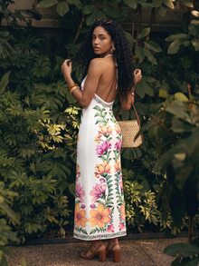 CAJUNI Long Summer Dress With Mesh Straps, Body-Hugging Fit, Floral Print - Multicolor - View 2