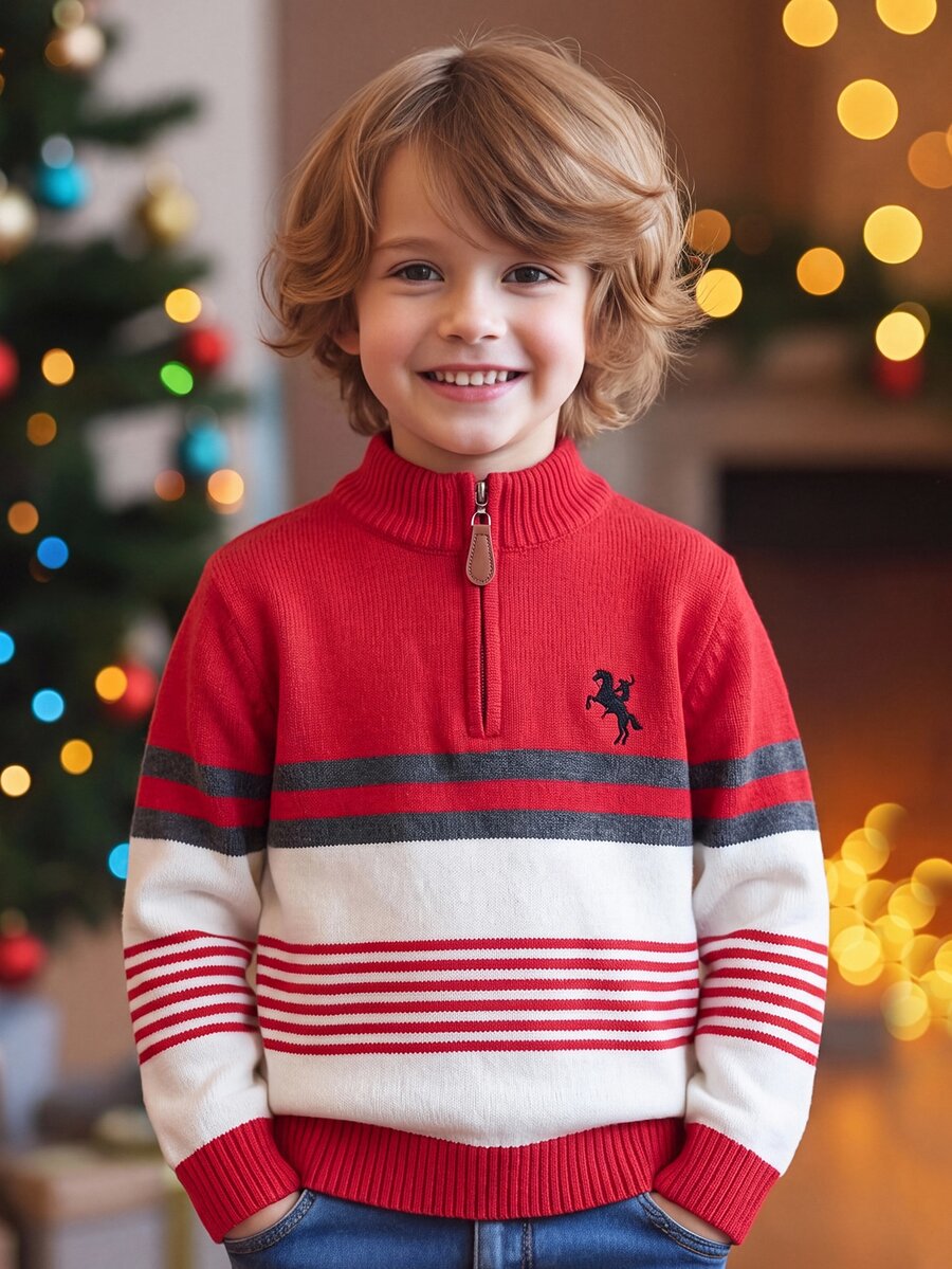 Young Boy Casual Minimalist Fashion Classic Warm Comfortable Fun Pattern, Cartoon Pattern, Christmas Tree Pattern, Cute Style, Sweater Suitable For Autumn/Winter