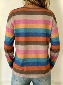 SHEIN LUNE Fashion Casual Retro Colorful Striped Print Basic Drop Shoulder Wide Long Sleeve V-Neck T-Shirt - Multicolor - View 2