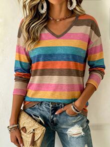 SHEIN LUNE Fashion Casual Retro Colorful Striped Print Basic Drop Shoulder Wide Long Sleeve V-Neck T-Shirt - Multicolor - View 1