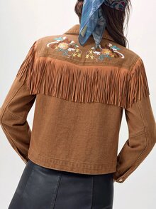 Bohemela Women's Cropped Western Denim Jacket With Floral Embroidery, Fringe Trim And Snap Front - Khaki - View 9