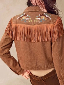 Bohemela Women's Cropped Western Denim Jacket With Floral Embroidery, Fringe Trim And Snap Front - Khaki - View 2