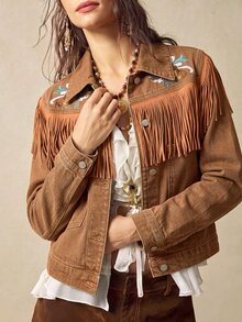 Bohemela Women's Cropped Western Denim Jacket With Floral Embroidery, Fringe Trim And Snap Front - Khaki - View 10