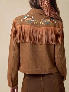 Bohemela Women's Cropped Western Denim Jacket With Floral Embroidery, Fringe Trim And Snap Front - Khaki - View 7