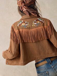 Bohemela Women's Cropped Western Denim Jacket With Floral Embroidery, Fringe Trim And Snap Front - Khaki - View 6