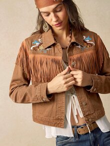 Bohemela Women's Cropped Western Denim Jacket With Floral Embroidery, Fringe Trim And Snap Front - Khaki - View 1