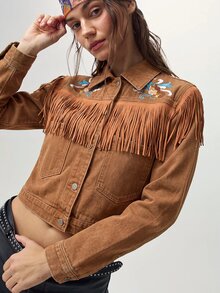 Bohemela Women's Cropped Western Denim Jacket With Floral Embroidery, Fringe Trim And Snap Front - Khaki - View 4