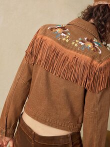 Bohemela Women's Cropped Western Denim Jacket With Floral Embroidery, Fringe Trim And Snap Front - Khaki - View 8