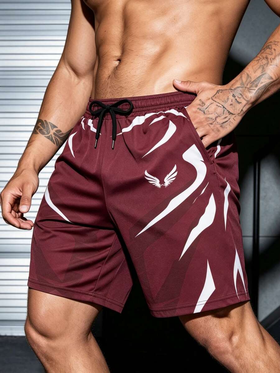 Coreblaze Men's Wing Print Drawstring Waist Pocket Sports Shorts, Gym - Black - View 1