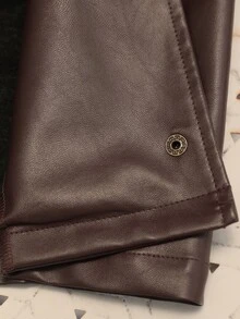 Brillora Vintage Brown Faux Leather Short Jacket Snap Front Funnel Neck Flap Pocket For Autumn,Work Outfits,Fall Outfit,Street Style,Outerwear,Work Outfits - Rust Brown - View 13