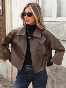 Brillora Vintage Brown Faux Leather Short Jacket Snap Front Funnel Neck Flap Pocket For Autumn,Work Outfits,Fall Outfit,Street Style,Outerwear,Work Outfits - Rust Brown - View 4