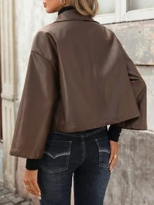 Brillora Vintage Brown Faux Leather Short Jacket Snap Front Funnel Neck Flap Pocket For Autumn,Work Outfits,Fall Outfit,Street Style,Outerwear,Work Outfits - Rust Brown - View 2