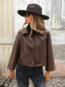 Brillora Vintage Brown Faux Leather Short Jacket Snap Front Funnel Neck Flap Pocket For Autumn,Work Outfits,Fall Outfit,Street Style,Outerwear,Work Outfits - Rust Brown - View 3