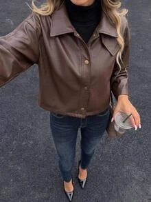 Brillora Vintage Brown Faux Leather Short Jacket Snap Front Funnel Neck Flap Pocket For Autumn,Work Outfits,Fall Outfit,Street Style,Outerwear,Work Outfits - Rust Brown - View 9