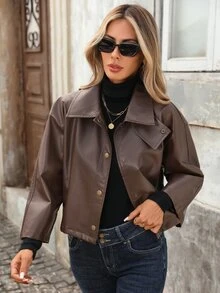 Brillora Vintage Brown Faux Leather Short Jacket Snap Front Funnel Neck Flap Pocket For Autumn,Work Outfits,Fall Outfit,Street Style,Outerwear,Work Outfits - Rust Brown - View 11