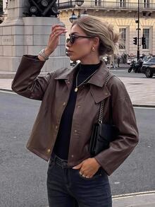 Brillora Vintage Brown Faux Leather Short Jacket Snap Front Funnel Neck Flap Pocket For Autumn,Work Outfits,Fall Outfit,Street Style,Outerwear,Work Outfits - Rust Brown - View 8