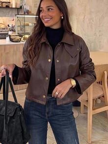 Brillora Vintage Brown Faux Leather Short Jacket Snap Front Funnel Neck Flap Pocket For Autumn,Work Outfits,Fall Outfit,Street Style,Outerwear,Work Outfits - Rust Brown - View 1