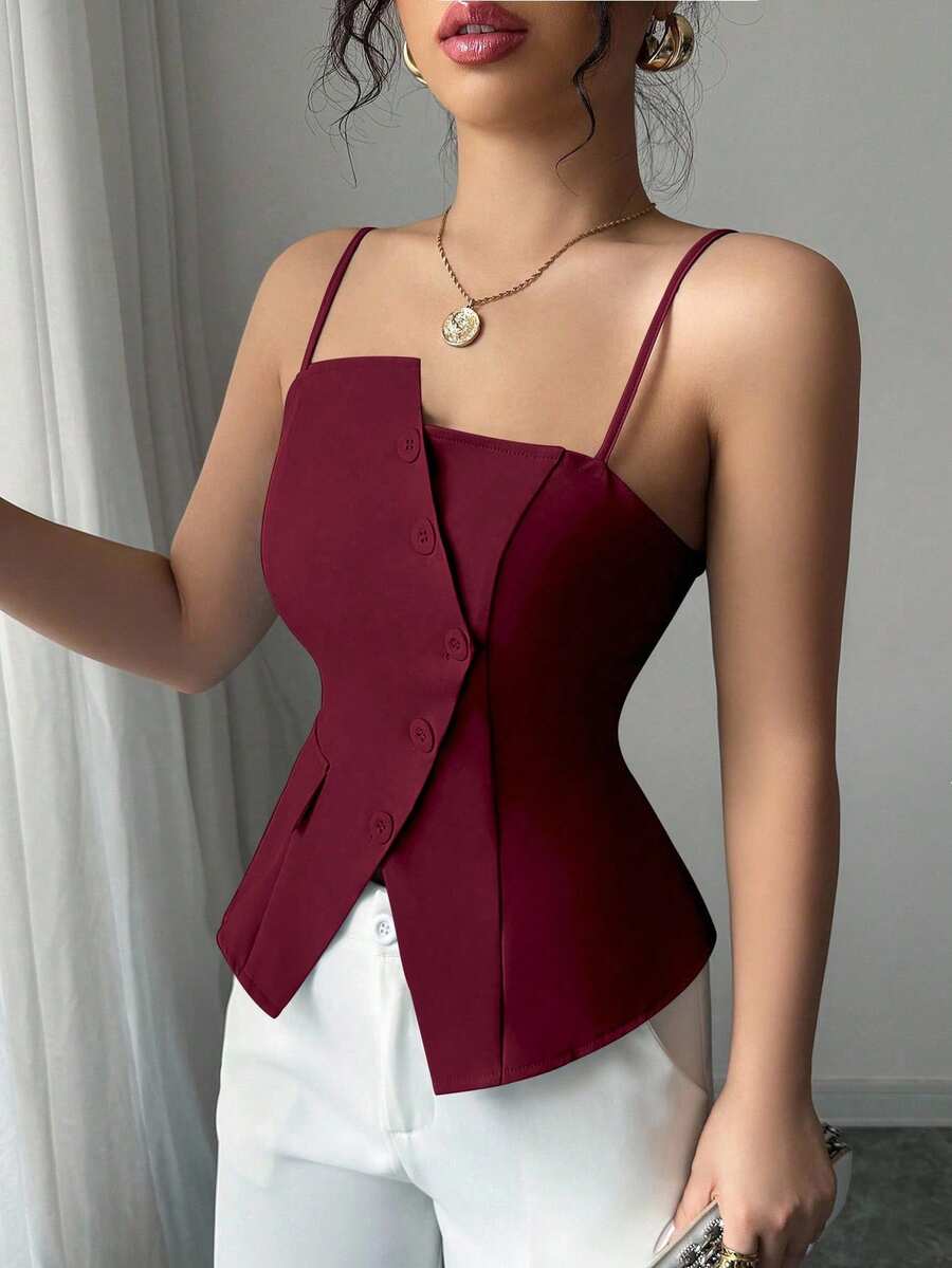 Elenzga 2025新款蓝色不对称设计时尚百搭通勤休闲束腰吊带背心 - 酒紅色 - 查看 1